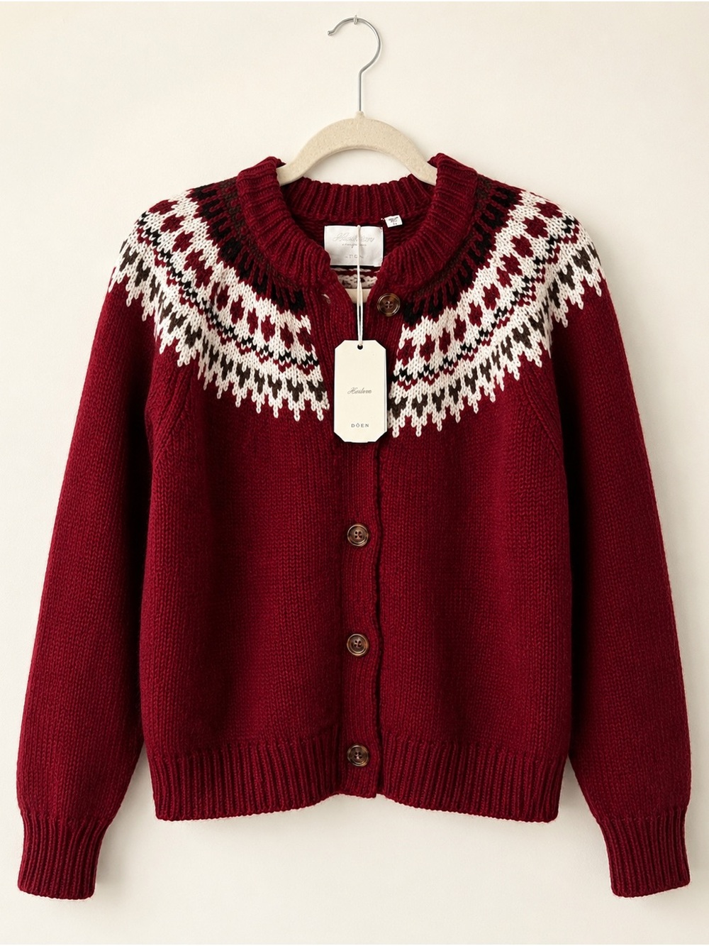 NWT DÔEN Heirloom Clarke Cardigan Burgundy Fair Isle Merino Alpaca M